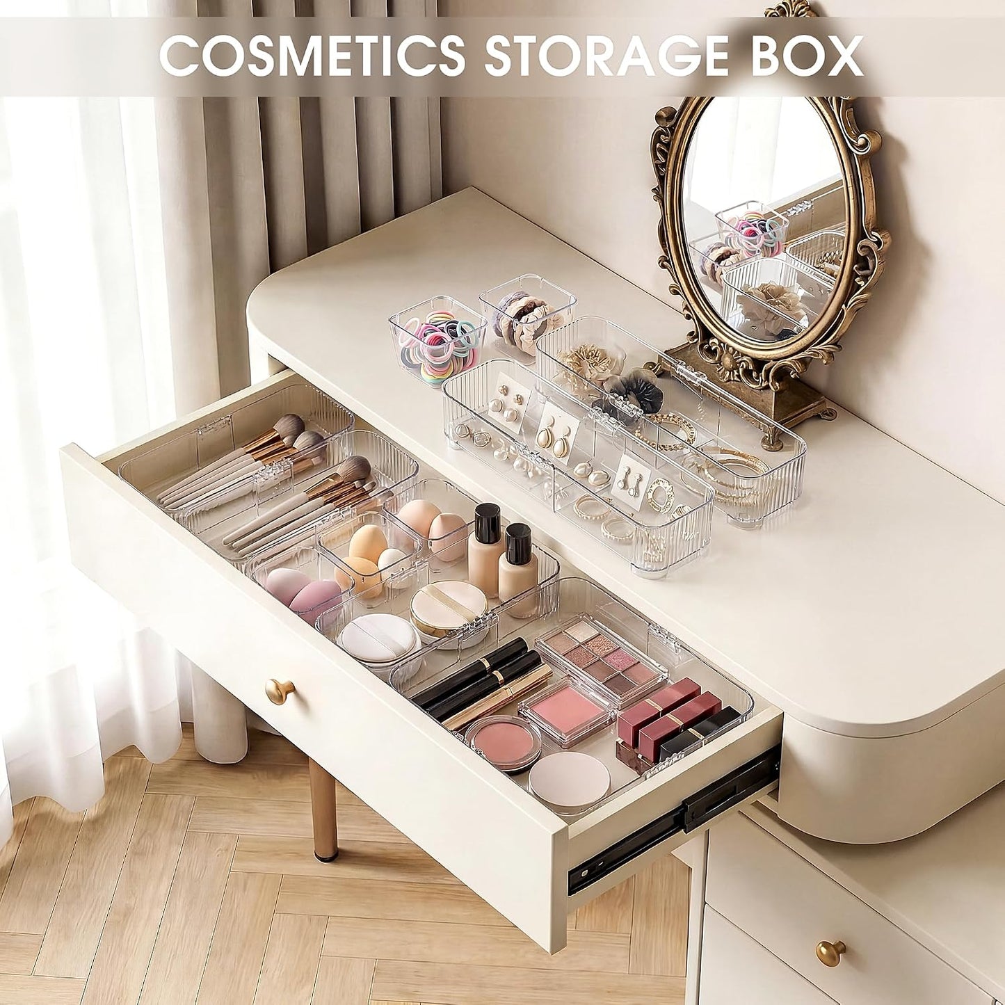 Aneco 14 Pieces Extendable Clear Drawer Organizer Adjustable Vanity Storage Box 4-Size Desk Drawer Divider Acrylic Storage Bins for Makeup, Cosmetic, Jewelries, Bedroom Kitchen Utensils Gadgets