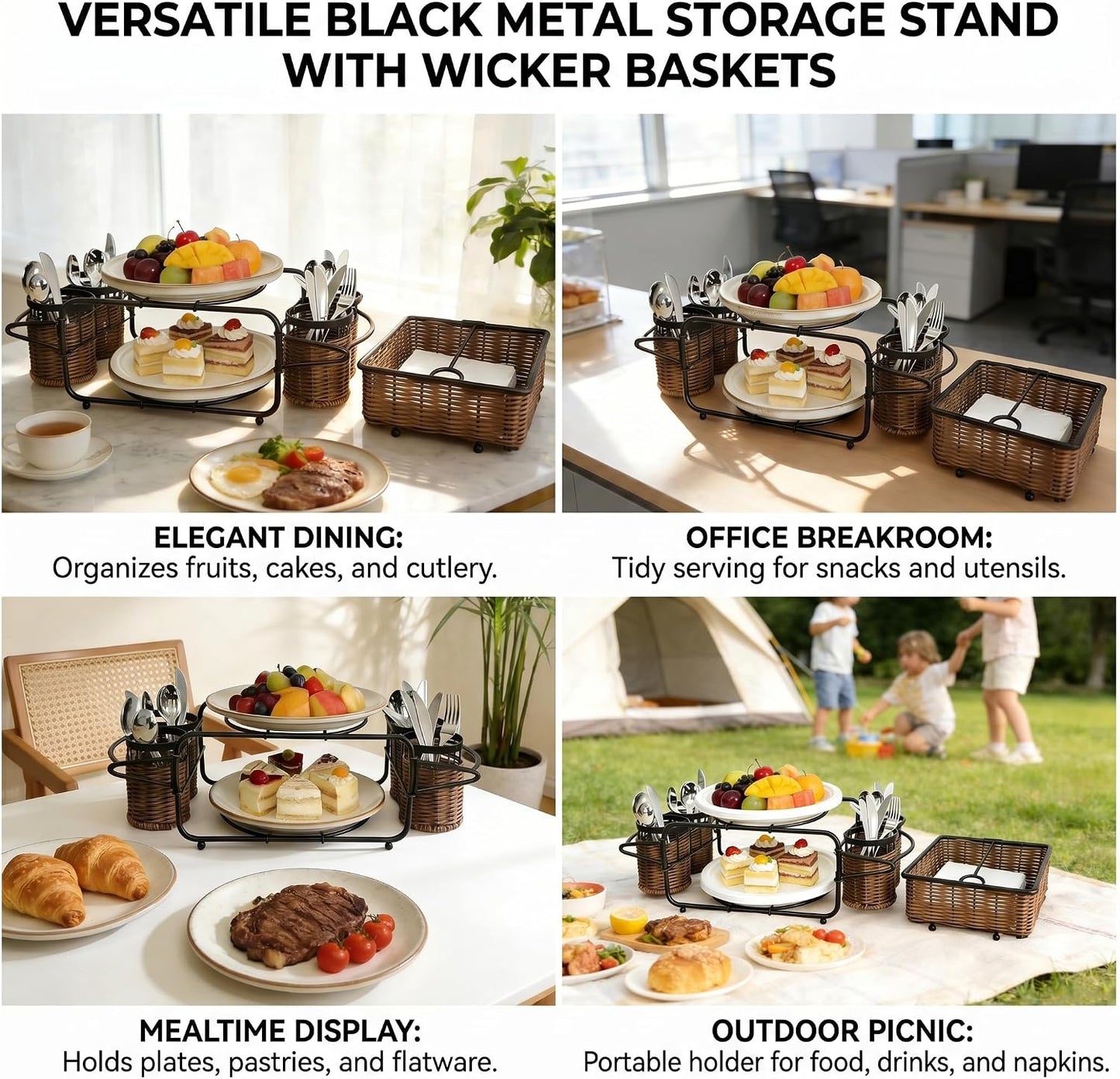 Woven Utensil Caddy with Napkin Holder, Countertop Organizer for Cutlery, Condiments, Picnic & Party SuppliesUtensils, Napkins - Ideal for Kitchen, Dining, Entertaining, Parties, Picnics