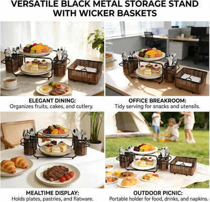 Woven Utensil Caddy with Napkin Holder, Countertop Organizer for Cutlery, Condiments, Picnic & Party SuppliesUtensils, Napkins - Ideal for Kitchen, Dining, Entertaining, Parties, Picnics