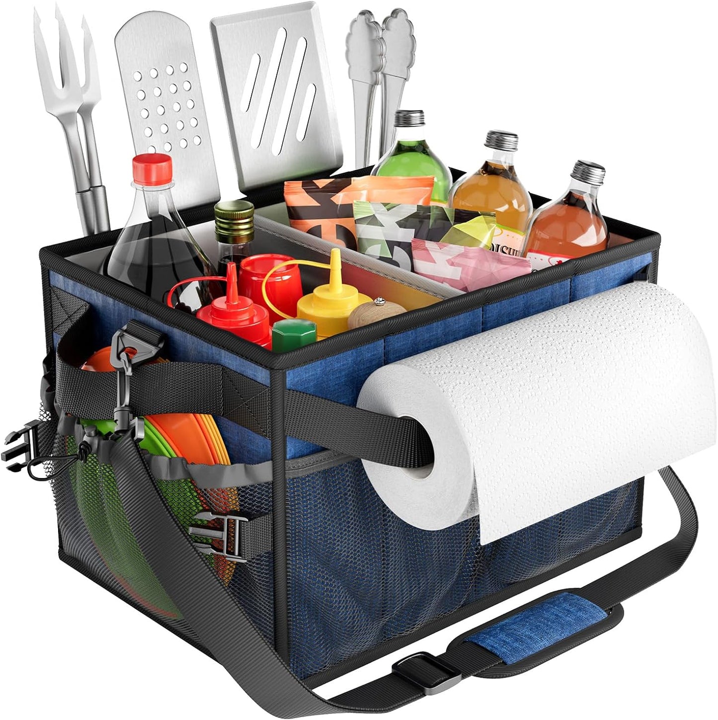 FANGSUN Black Grill Caddy, BBQ Organizer with Lid & Paper Towel Holder, Picnic Griddle Caddy for Outdoor Camping, Barbecue Accessories Organizer, 32L Capacity, Black
