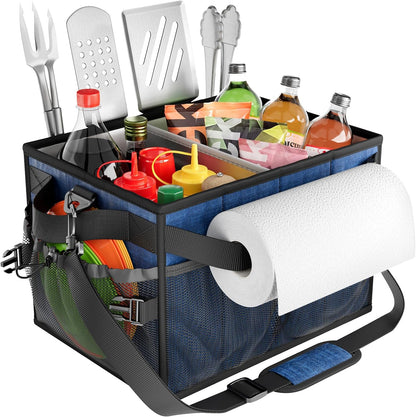 FANGSUN Black Grill Caddy, BBQ Organizer with Lid & Paper Towel Holder, Picnic Griddle Caddy for Outdoor Camping, Barbecue Accessories Organizer, 32L Capacity, Black