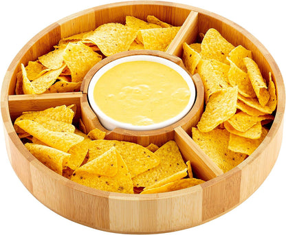 Strova Chip and Dip Serving Bowl – Wooden Appetizer Platter Set with Dip Cup for Salsa, Guacamole, Nacho, Vegetables, Taco Chip, Snacks and More – 12 Inch Diameter. Perfect for the BIG GAMES !