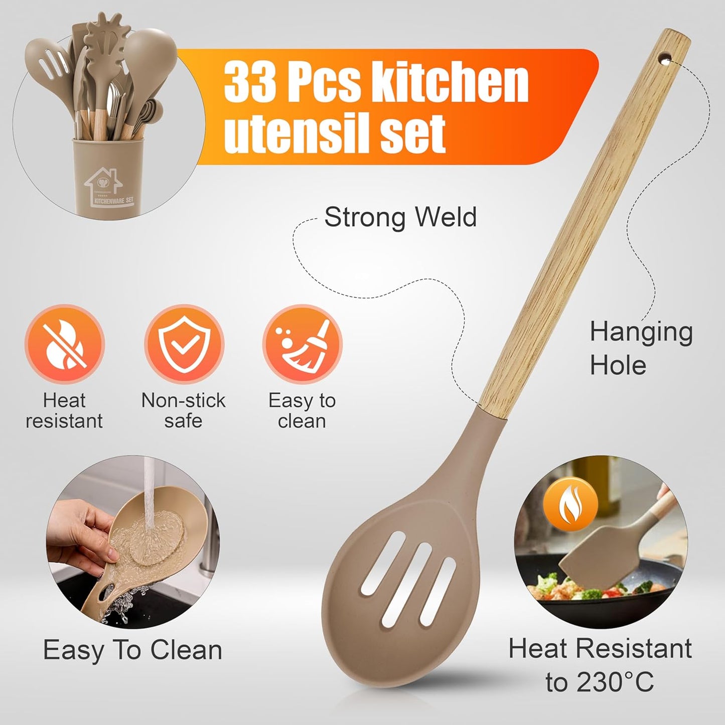 Berry & Cherry Kitchen Utensils Set Silicone 33 PCS – Nonstick Heat Resistant Cooking Tools with Wooden Handles & Holder, Spatula Set (Khaki)