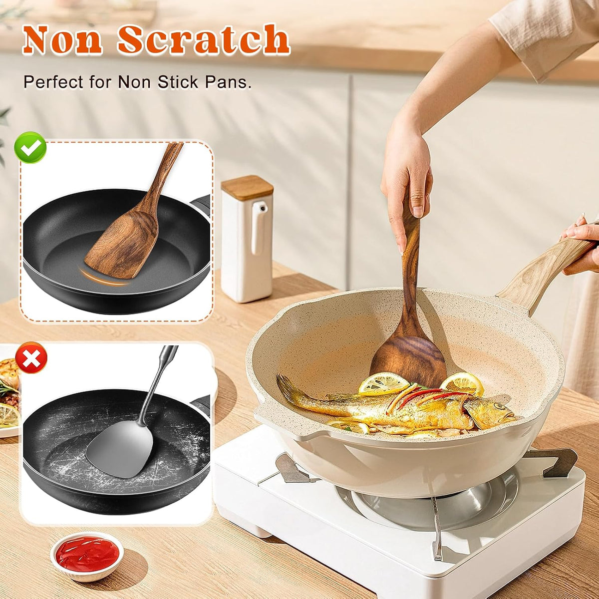 Wooden Spatula, Acacia Solid & Slotted Turner Spatula Set, Long Handle Flat Frying Spatulas, Ideal Kitchen Gift for Mother and Grandma, Kitchen Utensils Set for Cooking, Frying, Baking