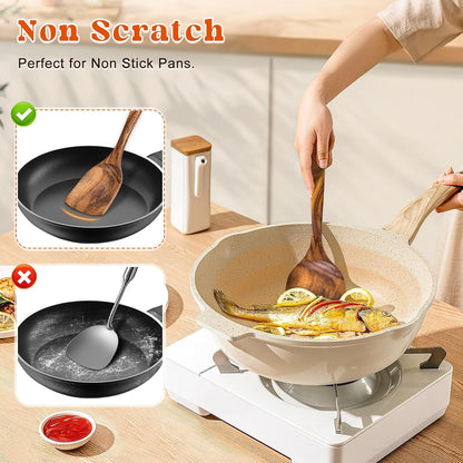 Wooden Spatula, Acacia Solid & Slotted Turner Spatula Set, Long Handle Flat Frying Spatulas, Ideal Kitchen Gift for Mother and Grandma, Kitchen Utensils Set for Cooking, Frying, Baking