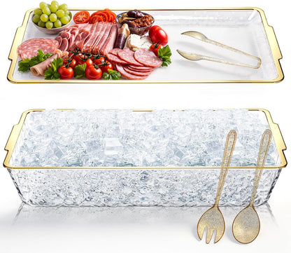 Baderke 16" x 9" Chilled Serving Tray for Parties with Compartments Ice Chilled Party Crudite Platter Charcuterie Serving Board Cold Dish Dip with Tableware for Seafood Vegetable(Silver Glitter)