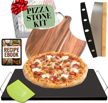 Pizza Stone for Oven and Grill Set - 5PCS Pizza Making Accessories Kit - 15 inch Pizza Stone with Handles, Pizza Peel, Pizza Cutter, Dough Tool - Baking Stone for Bread - Large Rectangular Oven Stones