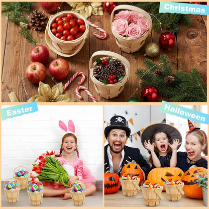 10 Pack Small Wooden Gift Basket, 4 x 4.7 Inch Round Woven Fruit Baskets Bulk, Mini Picnic Baskets with Handle for Easter Garden Picking Berry Vegetable Flower DIY Craft Wedding Party Home