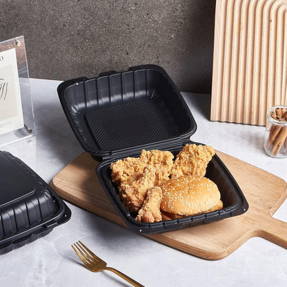 8X8 3-Compartment 50-Pack Plastic Clamshell Takeout Food Trays Heavy Duty Togo Disposable Box Carryout Meal Prep Packaging Catering Hinged Containers With Secure Snap Lid (Formerly FULING)