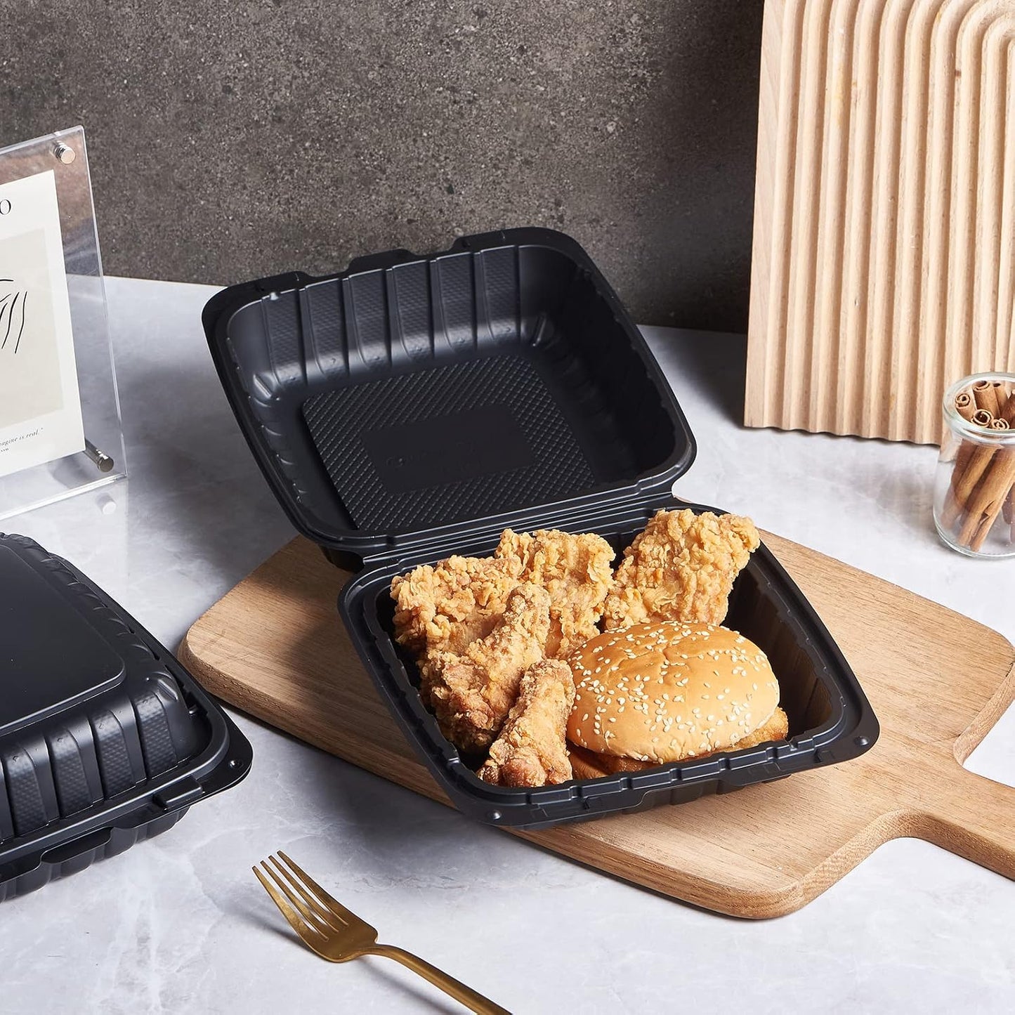 FULING [8x8-Inch, 50 Pieces, 3-Compartment Disposable To Go Box Containers, Plastic Clamshell Takeout Food Trays, Microwave Safe, Cut Resistantstable Hinged Lid, Hybrid Polypropylene, White