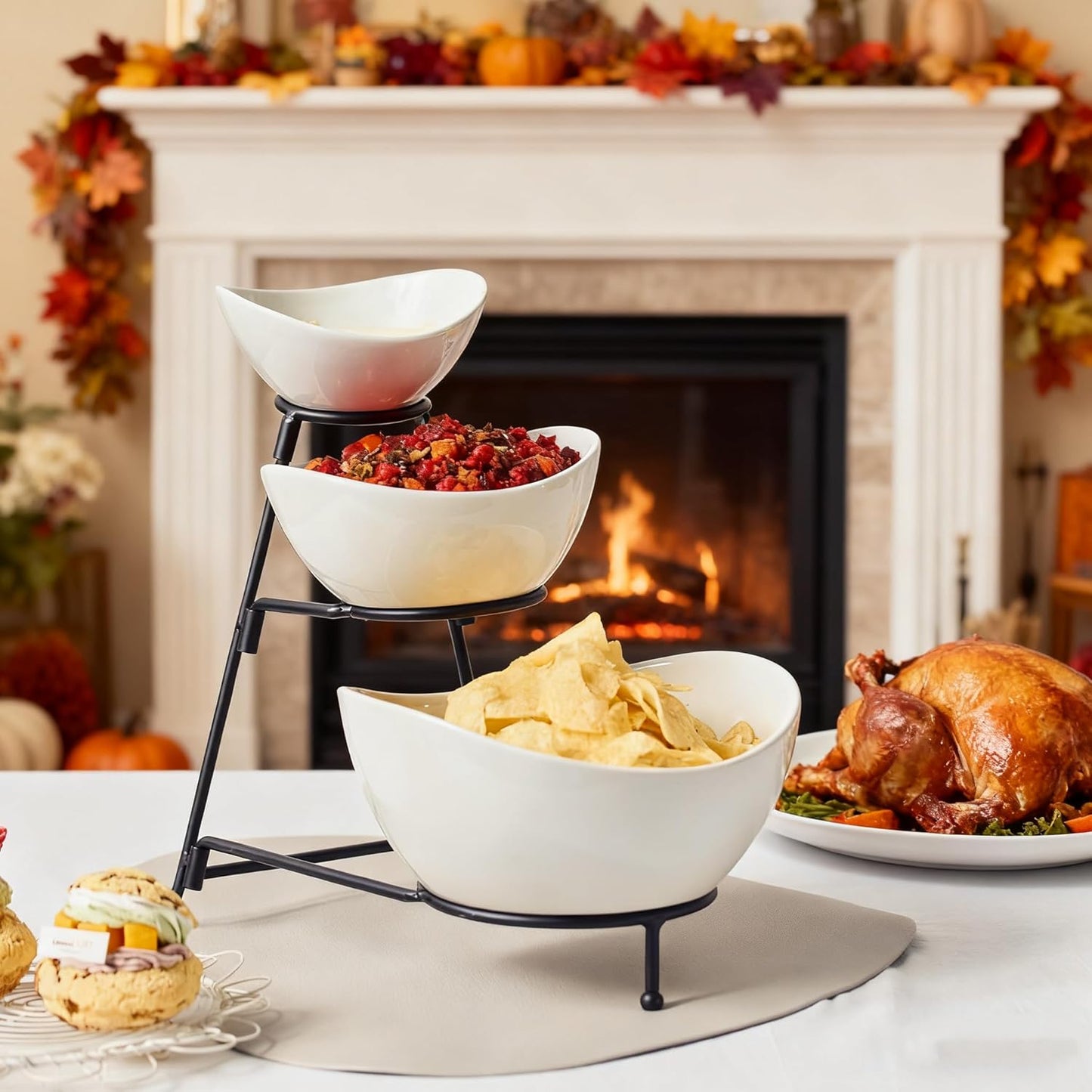 Gomakren 3 Tiered Oval Serving Bowl with Collapsible Metal Rack, Chip and Dip Serving Set, Dessert Appetizer Bowl Set (45oz / 17.5oz / 7oz), Serving Bowls For Mothers Day Entertaining (Gold Stand)