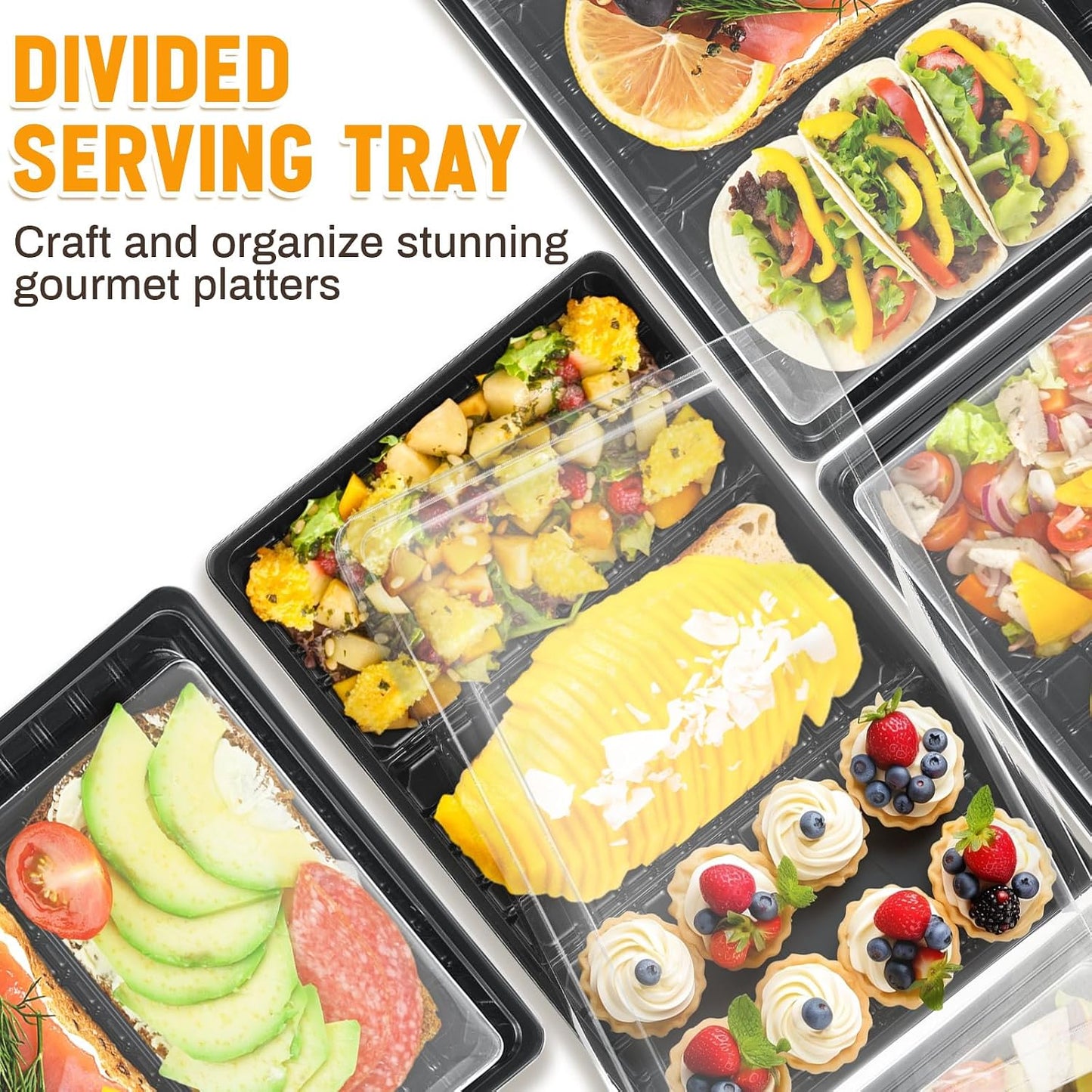 Shellwei 5 Pack Extra Large Charcuterie Board with Lid 15 x 10 Inch 3 Section Divided Catering Trays with Lids Large Disposable Travel Catering Serving Trays Platter (Black)
