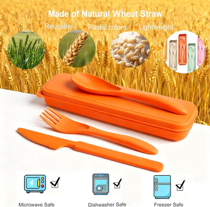 2 Pack Travel Utensils Set with Case, Wheat Straw Reusable Cutlery Set, Portable Spoon Knife Fork Tableware for Lunch Box, Picnic, Camping, Office, BPA Free for Adults Kids