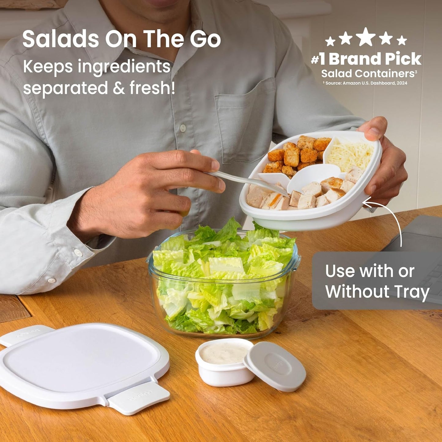 Bentgo Glass Salad Container - 7.6-Cup Salad Bowl with Airtight Lid, Leak-Proof Sauce Container, 4-Compartment Bento Tray & Reusable Fork - BPA-Free for Meal Prep, Office & More (Light Blue)