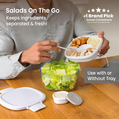 Bentgo Glass Salad Container - 7.6-Cup Salad Bowl with Airtight Lid, Leak-Proof Sauce Container, 4-Compartment Bento Tray & Reusable Fork - BPA-Free for Meal Prep, Office & More (Light Blue)