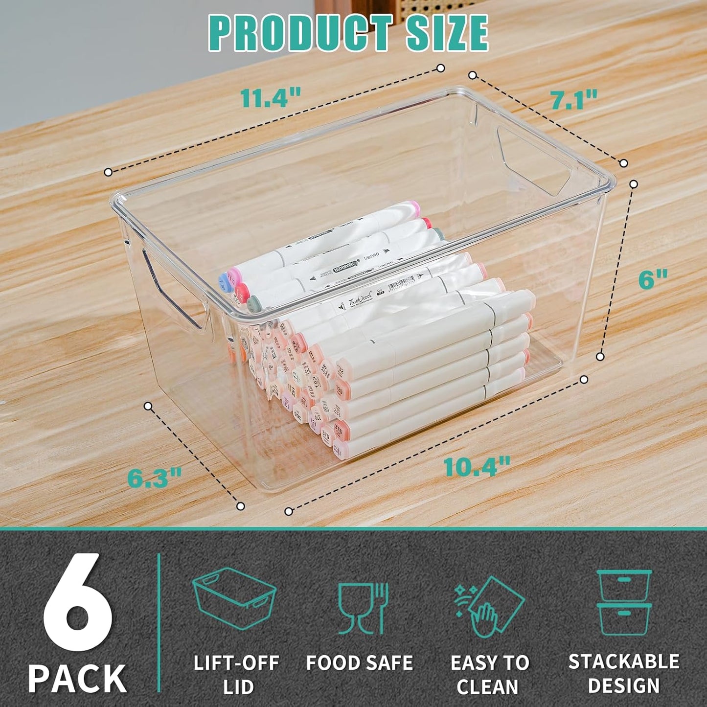 6 Pack Small Clear Storage Bins with Lids, Acrylic Arts and Craft Storage Containers, Stackable Clear Plastic Craft Storage Bins with Handles for Pantry Organizers and Storage, Kitchen, Fridge, Office