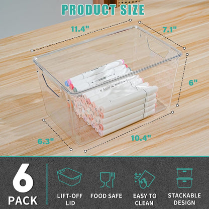 6 Pack Small Clear Storage Bins with Lids, Acrylic Arts and Craft Storage Containers, Stackable Clear Plastic Craft Storage Bins with Handles for Pantry Organizers and Storage, Kitchen, Fridge, Office