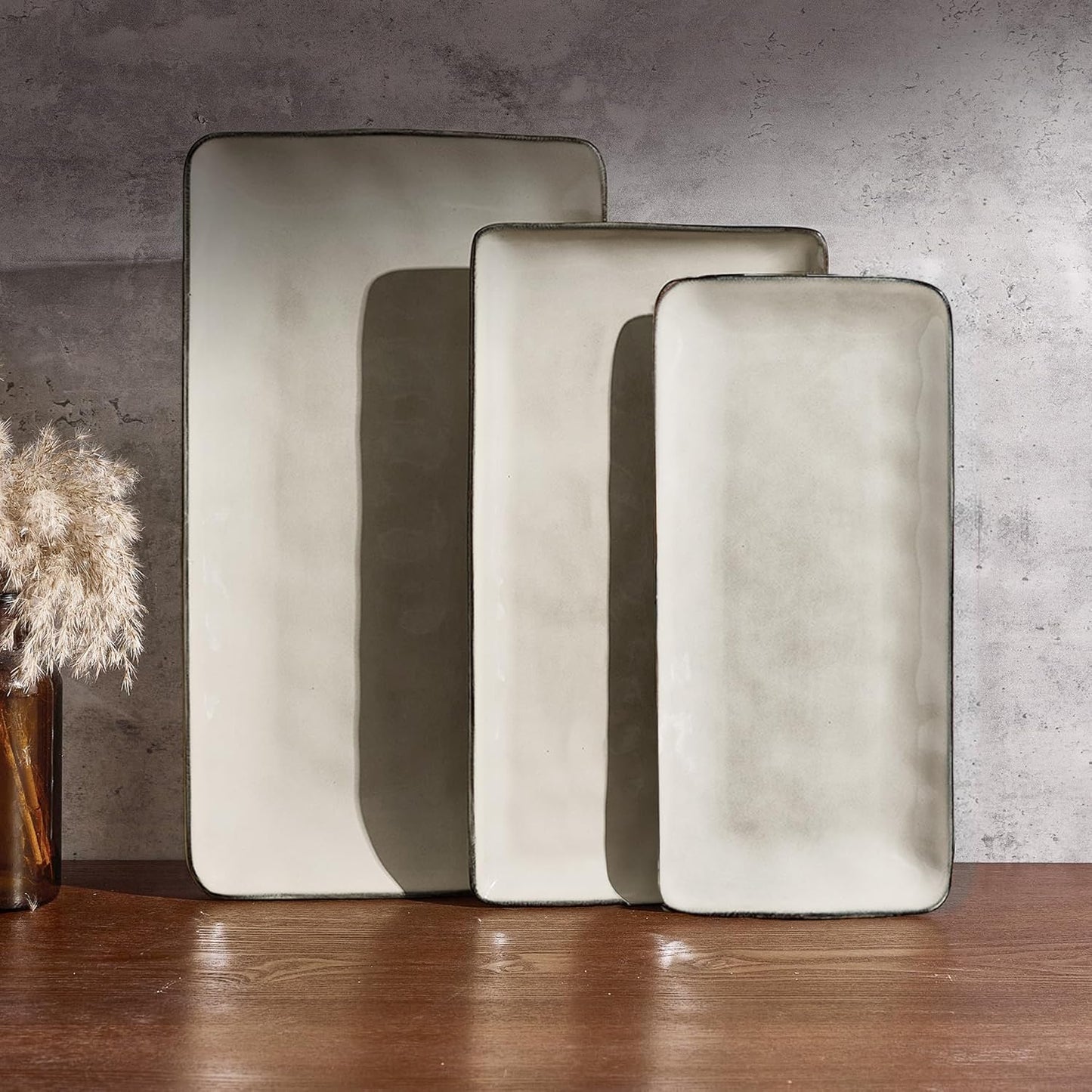 Famiware Serving Platter, Rectangular 15.67/14.1/12.6inch Serving Dishes for Entertaining, Microwave Dishwasher Safe, Stoneware Serving Trays for Party, Turkey, Cheese, Ocean Series, Cappuccino White