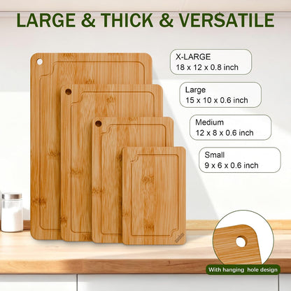 Bamboo Cutting Boards for Kitchen, Wood Cutting Board Set with Juice Grooves & Built-in Handles, Large Medium Small Chopping Board for Meat, Vegetables, Fruit