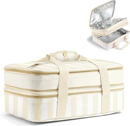 Fit & Fresh Insulated Casserole Carrier - Double Decker Food Carrier Fits Two 9x13 Dishes, Expandable Hot & Cold Food Transport Bag with Zipper Pocket for Potluck, Easter & Travel, Pink Gingham