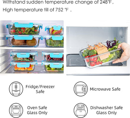 10 Pack Glass Food Storage Containers, Glass Meal Prep Containers with Lids Leak Proof, Microwave & Freezer Safe (34oz & 12oz)