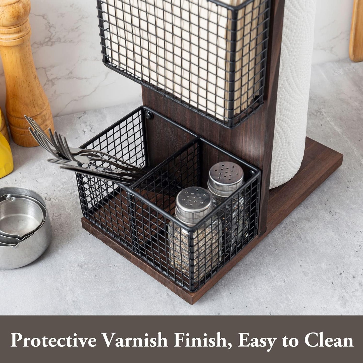 MyGift Rustic Burnt Solid Wood and Industrial Matte Black Metal Dining Combination Caddy with Paper Towel Roll Dispenser Stand, Napkin Holder, and Spice Rack
