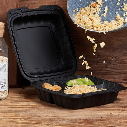 8X8 3-Compartment 50-Pack Plastic Clamshell Takeout Food Trays Heavy Duty Togo Disposable Box Carryout Meal Prep Packaging Catering Hinged Containers With Secure Snap Lid (Formerly FULING)