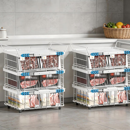 Freezer Organizer Bins 6 Pack: Wire Basket Stackable Storage Containers Expandable 11.81" to 17.72" with Foldable Handles for 5+ Cu.FT Fridge Cabinet Shelves Pantry Kitchen White