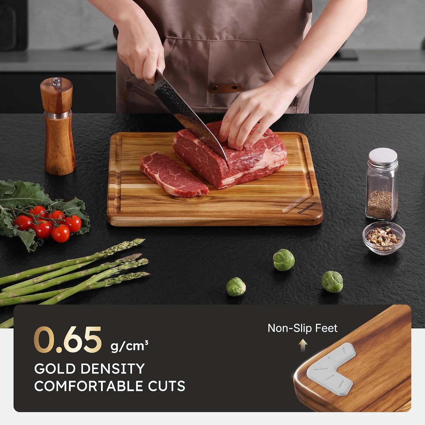 3 Pack Teak Wood Cutting Board Set for Kitchen Charcuterie Board Serving Heavy Duty Non Toxic Slip Hardwood Over Sink Solid Thick Haus Wooden Chopping Board Large Big Small Meat Best Essential Gift
