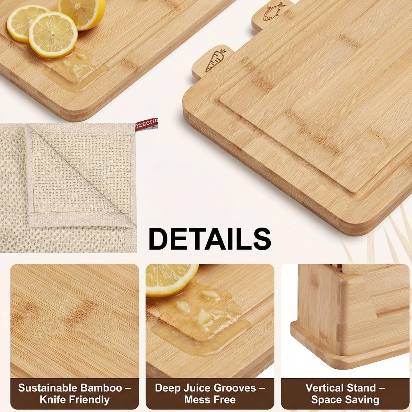 Bamboo Cutting Boards with Holder, Wooden Cutting Board Set for Kitchen, Non-Slip with Juice Grooves and Icons, Includes 2 Dishcloths