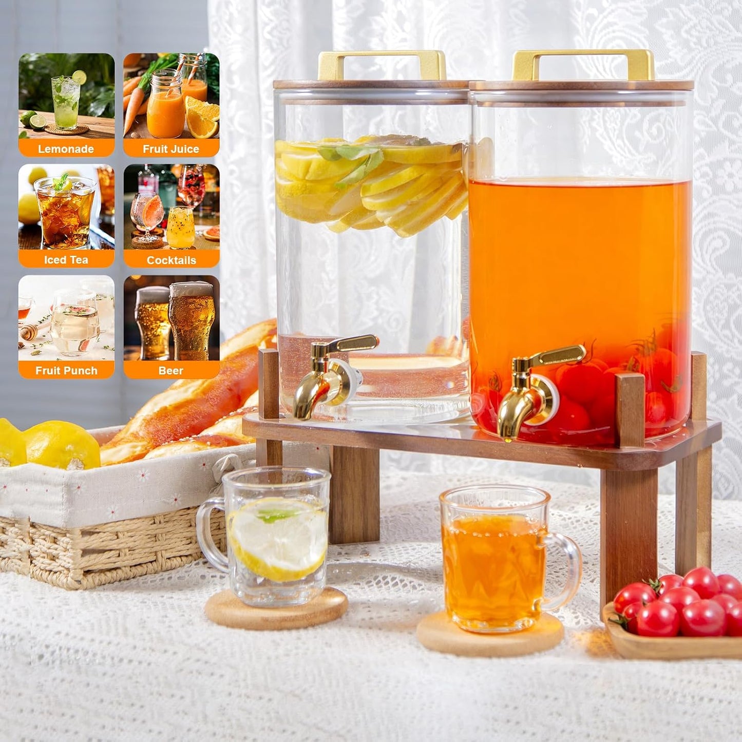 2 PACK 1.5 Gallon Glass Beverage Dispenser with Wooden Lid, Drink Dispenser with Wooden Stand, Lemonade Dispenser with Stainless Steel Leak-Proof Spigot for Parties, Weddings