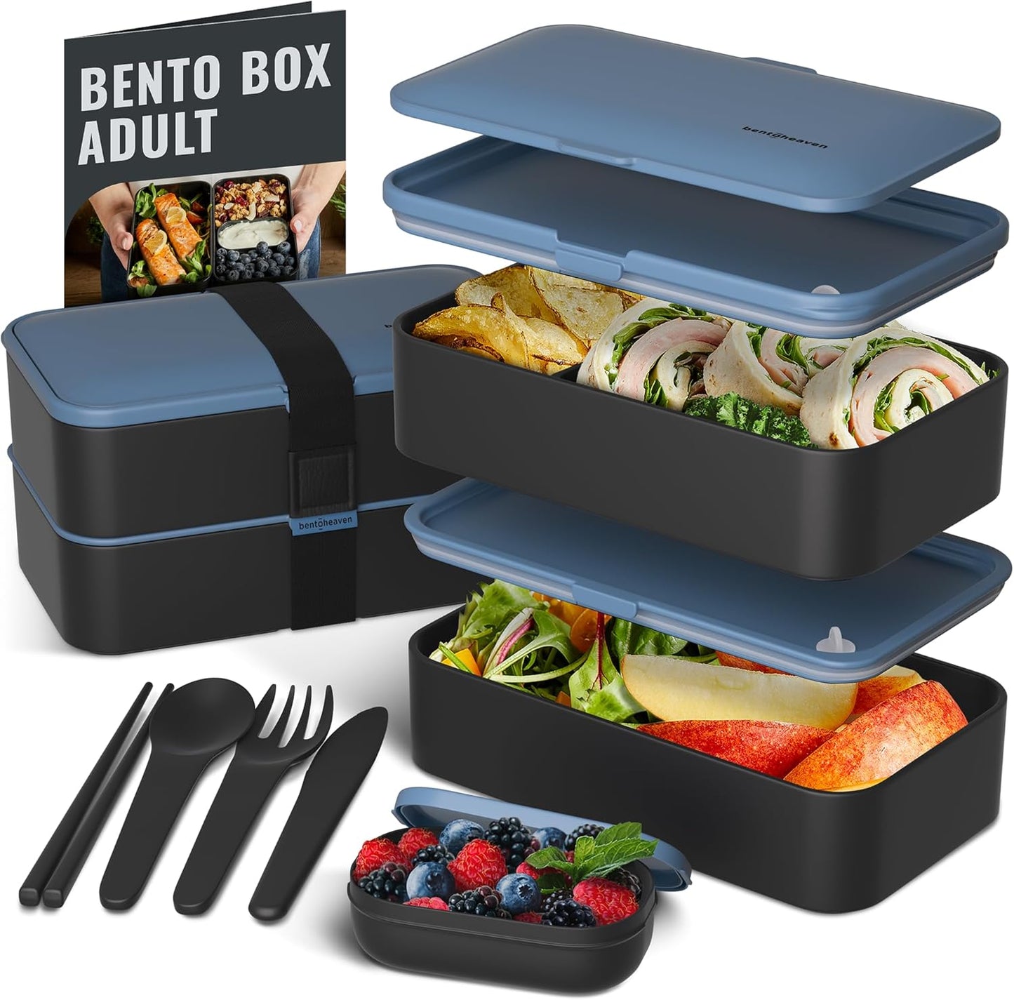 Bentoheaven Premium Bento Box Adult Lunch Box with Compartments for Women & Men, Set of Utensil & Chopsticks & Dip Container, Cute Japanese Kids Bento Lunch Box, Microwavable (Symph Onyx)