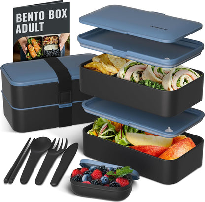 Bentoheaven Premium Bento Box Adult Lunch Box with Compartments for Women & Men, Set of Utensil & Chopsticks & Dip Container, Cute Japanese Kids Bento Lunch Box, Microwavable (Symph Onyx)