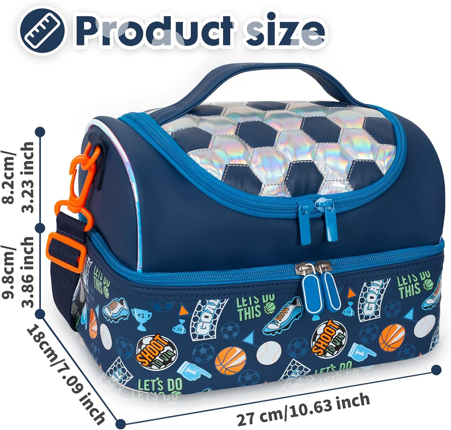 Kids Double Decker Cooler Insulated Lunch Bag, Back to School Large Meal Tote for Boys, Girls, Men, Women, with Adjustable Strap, Soccer