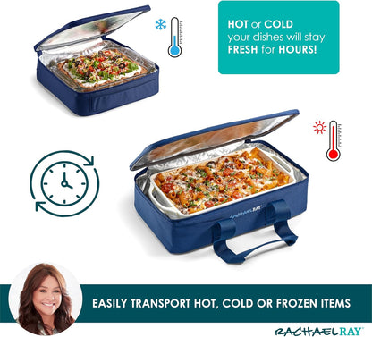 Rachael Ray Lugger Duo, Insulated Casserole Carrier for Hot or Cold Food, Thermal Lasanga Lugger Tote for Pockluck, Parties, Picnic, and Cookouts, Fits 9" x 13" Baking Dish, Sea Salt Grey