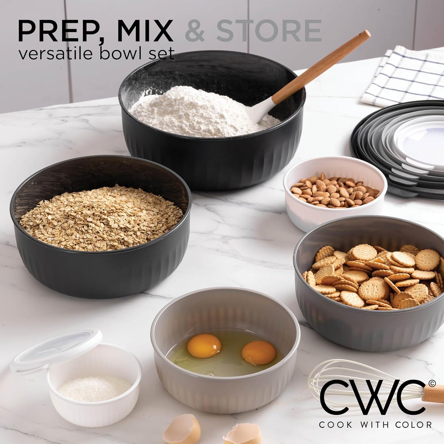 COOK WITH COLOR Prep Bowls with Lids- Wide and Deep Nesting Plastic Small Mixing Bowl Set with Lids, 8 Piece Set - Wide Bowls, Blue