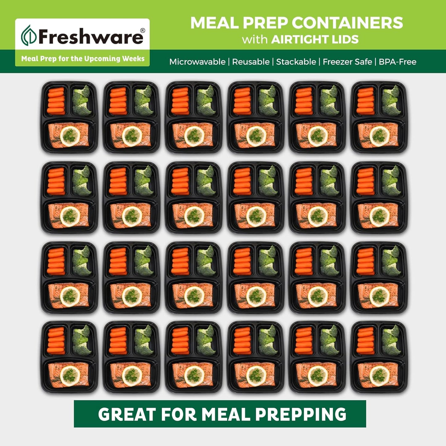 Freshware Meal Prep Containers [15 Pack] 2 Compartment with Lids, Food Storage Containers, Bento Box, BPA Free, Stackable, Microwave/Dishwasher/Freezer Safe (28 oz), Black