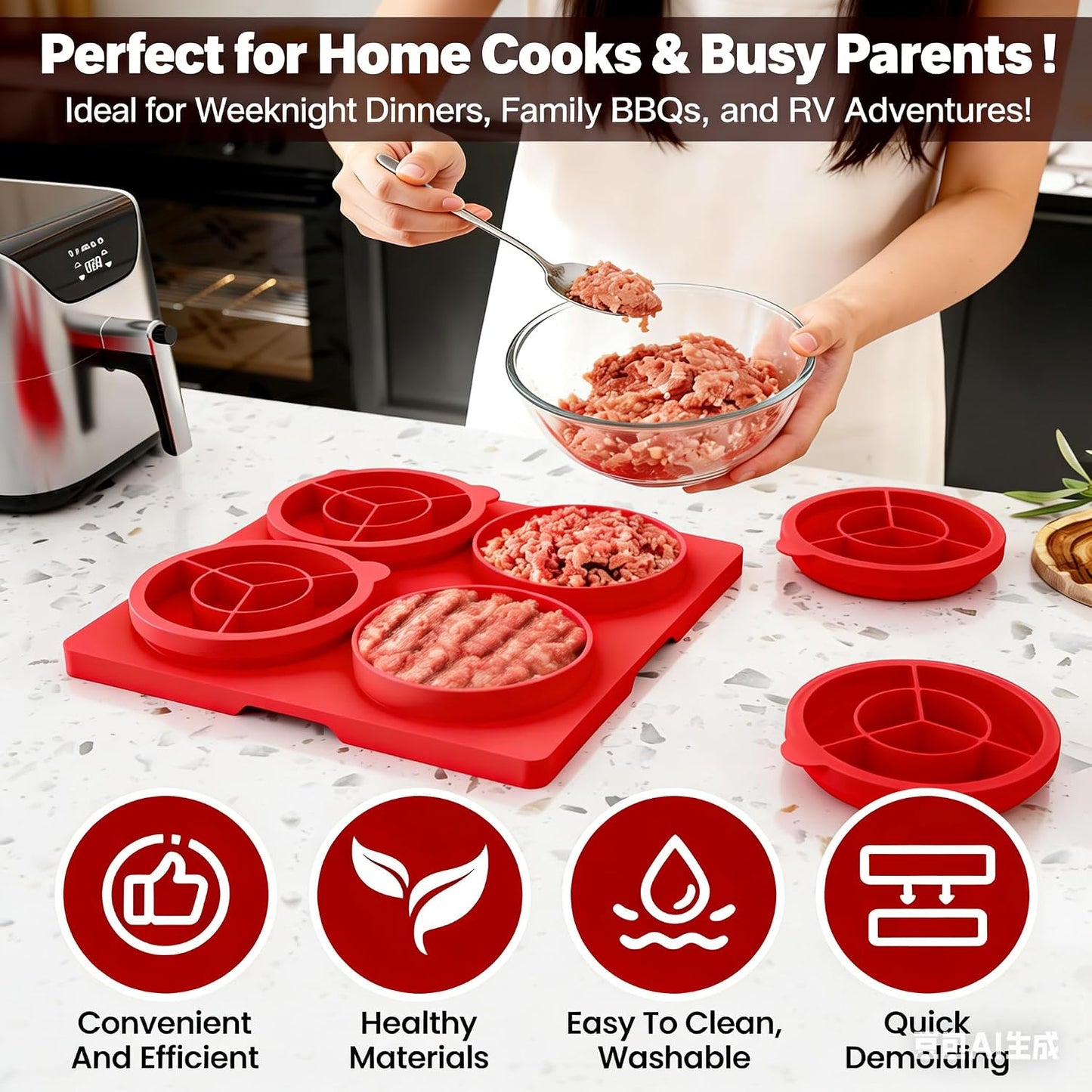 Silicone Burger Press for 4.5" 1/4 LB Patties,4-in-1 Hamburger Patty Maker for Kitchen & BBQ, Non-Stick Mold for Beef,Turkey,Chicken,Pork & Vegetable Blends,Dishwasher & Freezer Safe