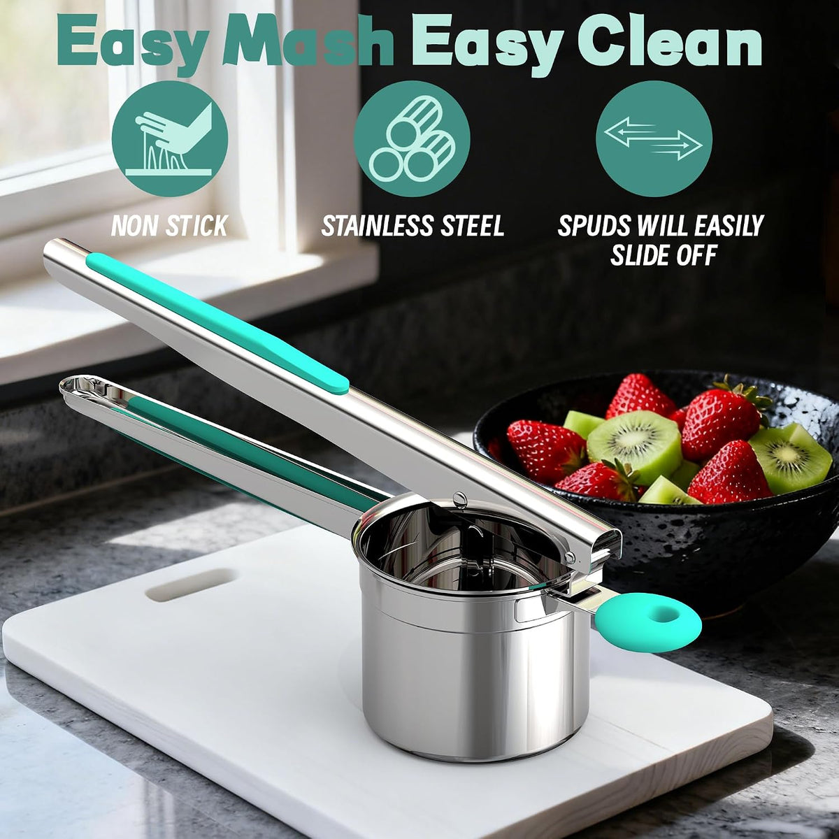 Large 15oz Potato Ricer for Mashed Potatoes, Heavy Duty 18/8 Stainless Steel Potato Masher for Baby Food & Spaetzle Maker, Masher and Ricer Kitchen Tool, Press and Mash Kitchen Gadget, Black