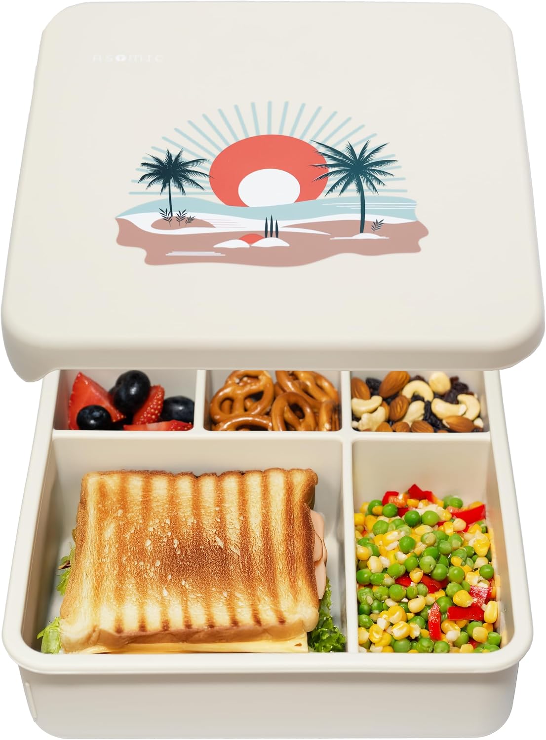 ASOMIC Large Silicone Bento Box, 5 Compartments, Leakproof Lunch Container, BPA-Free, Microwave & Dishwasher Safe, For Work, School & Travel (Ivory)