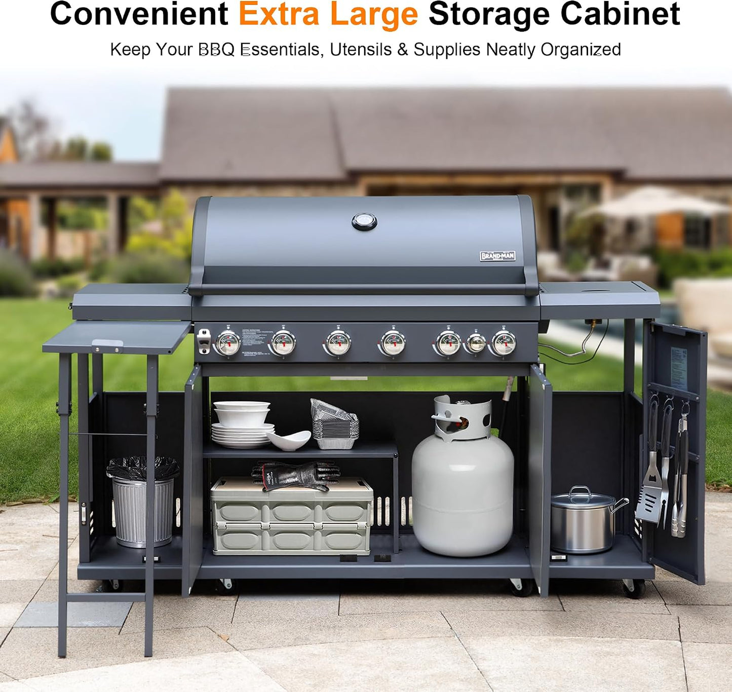 Brand-Man 4-Burner Gas Outdoor Kitchen Grill Island with Side Burner - 44,000 BTU Stainless Steel BBQ Grill Station with Storage Cabinets, Fold-out Prep Table, LPG/NG Convertible, Black