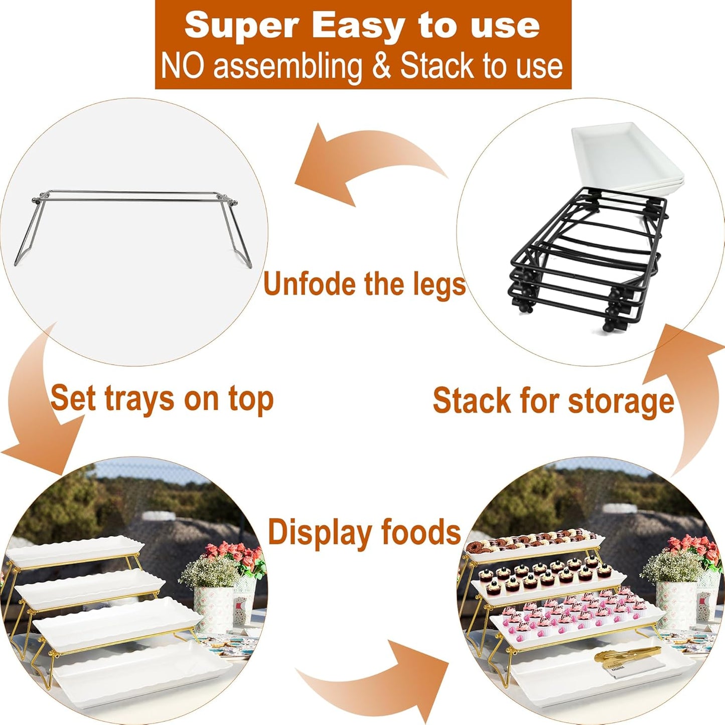 KAQAHIDO Extra Large 4 Tier Serving Tray Set, 34x22x10 inch Wave Edge Melamine Dessert Table Display Set, Tiered Trays Stand for Party Buffet Entertaining, Gold and White