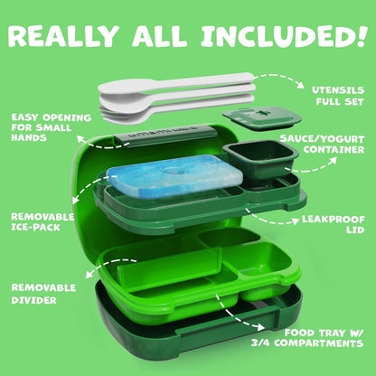 Umami All-in-1 Bento Box for Kids, Ice-pack & Utensils Included, 100% Leakproof & BPA free, Parents' favorite Lunch Box Kids (Green, 27 oz)
