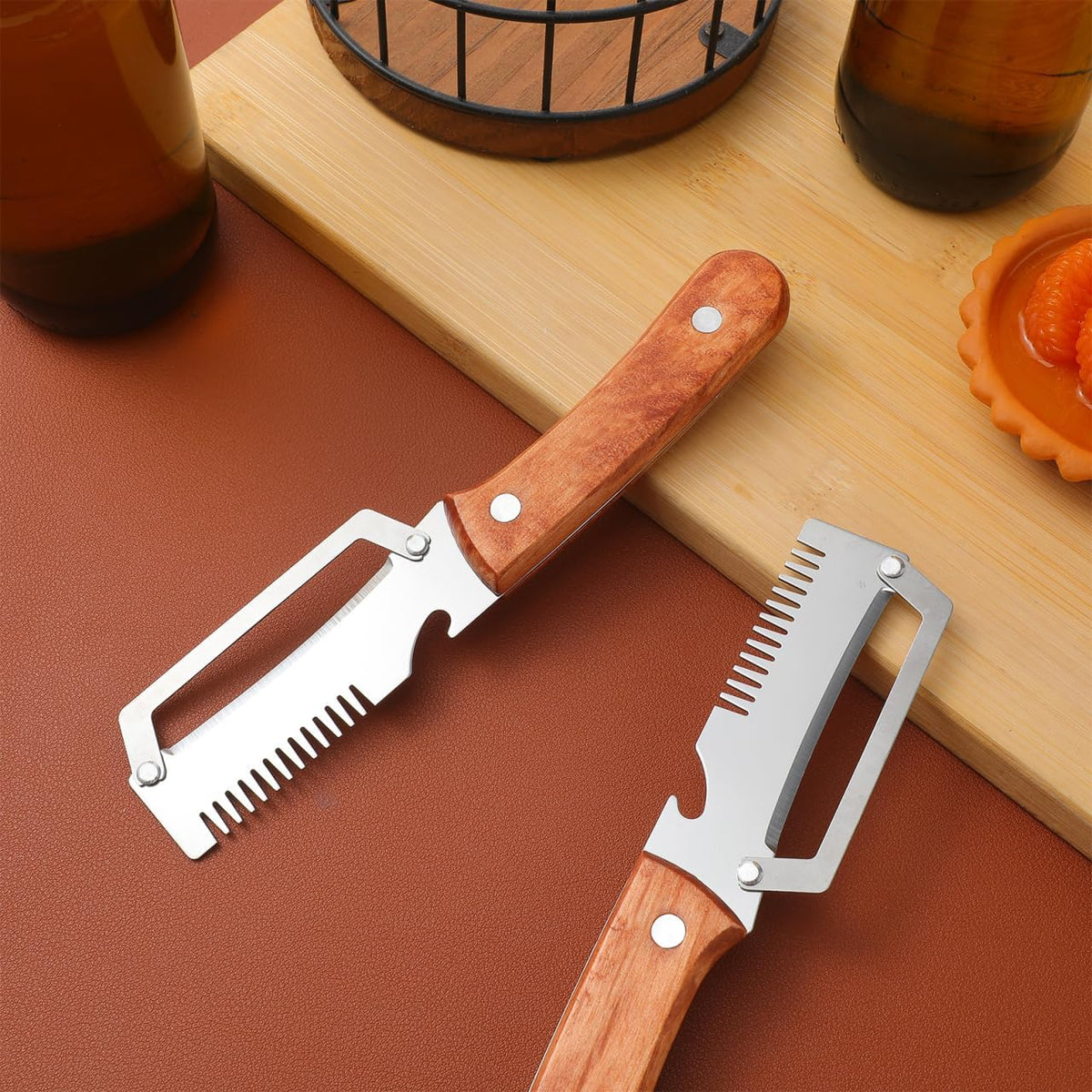 2pcs Multifunctional Vegetable Peeler Shredder, 3-in-1 Stainless Steel Julienne Peeler Tool with Bottle Opener and Non-slip Wooden Handle, Fruit Peeling Knife for Kitchen