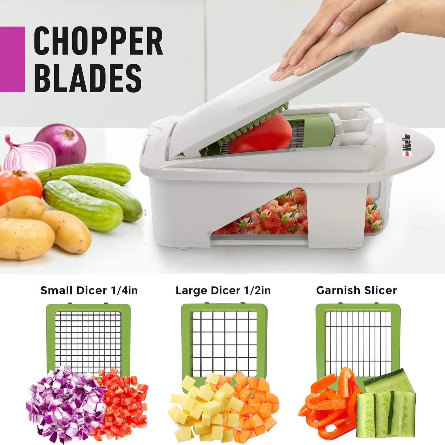 MUELLER HOME Pro-Series 10-in-1, 8 Blade Stainless Steel Multi Vegetable Chopper And Mandoline Slicer, Kitchen Tools and Gadgets, Food and Veggie Chopper, Mincer, Dicer, French Fry Cutter, Black