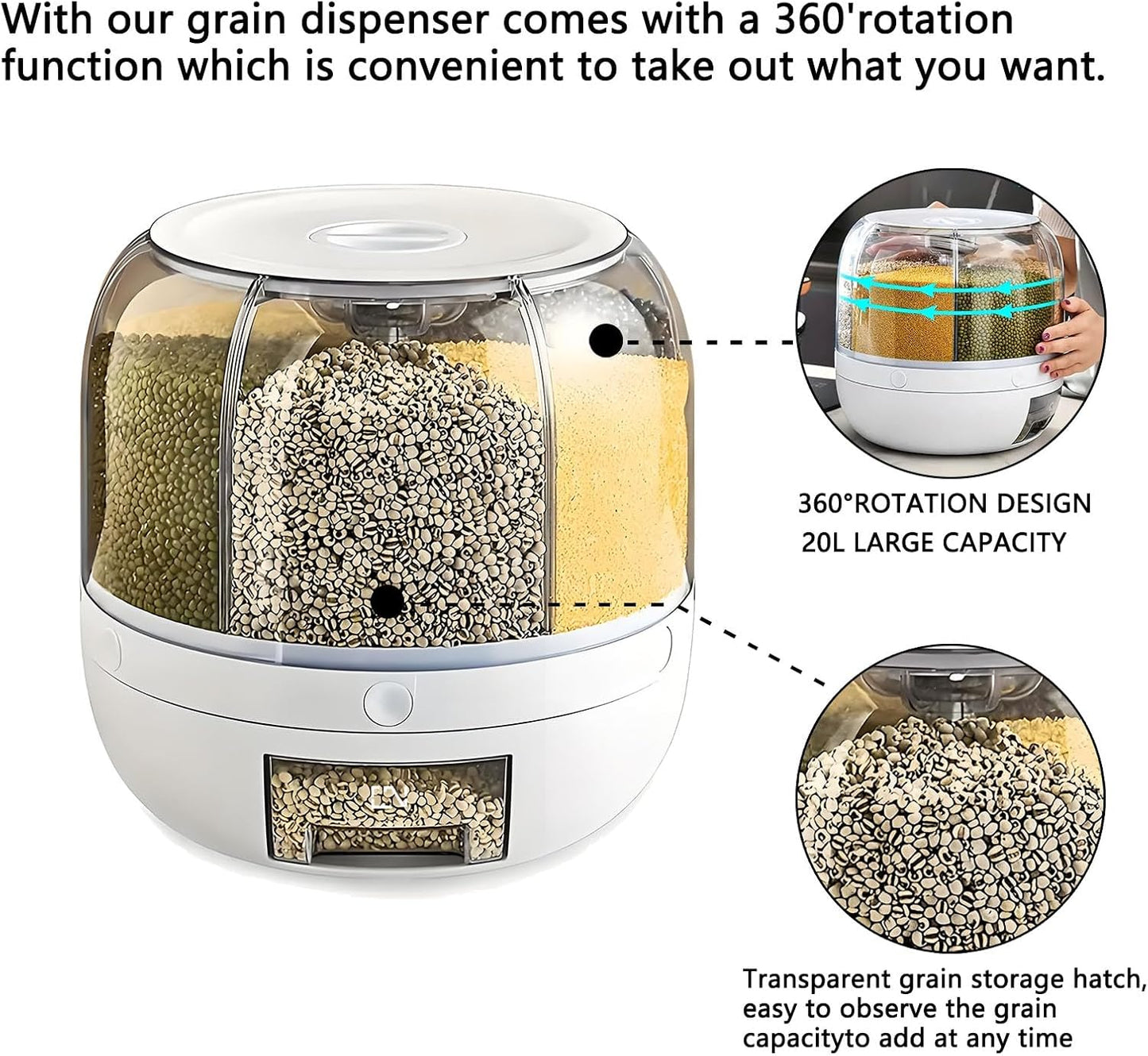 Rotating Grain Storage Bin 6 Grids Rice Container One-Click Output Large Capacity Food Dispenser For Rice Grains Sealed Moisture Proof Organizer (Grey) (Small)