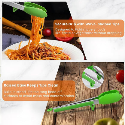 Kitchen Tongs Set of 2 (9” & 12”) – Stainless Steel & Silicone Cooking Tongs with Built-in Stand & Dishwasher Safe – Heat Resistant up to 600°F – Perfect for Grilling, BBQ, Salad & Frying