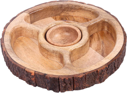 GoCraft Mango Wood Chip and Dip Serving Tray with Bowl, 4-Section Divided Appetizer Platter, Party Bowl Set for Chips & Salsa, Snacks, Entertaining, Hosting - Natural Brown, Rustic Bark Edge, 12.5"