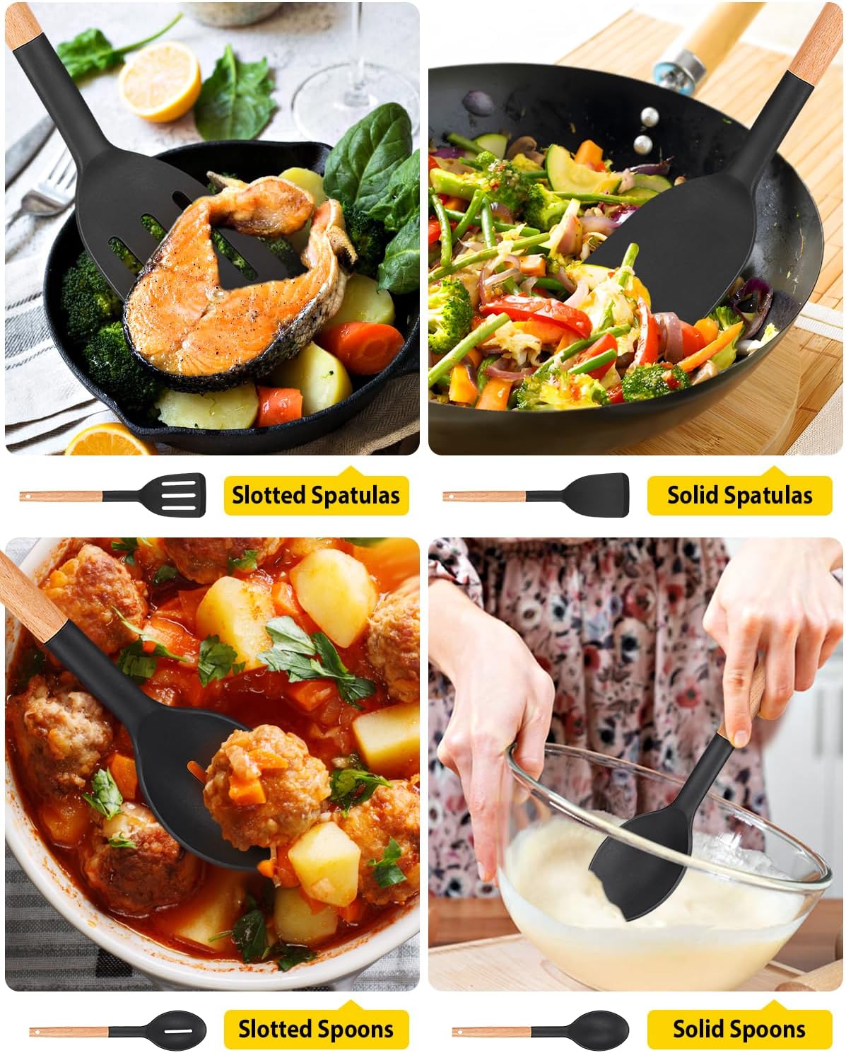 Pack of 4 Silicone Cooking Utensils Set, Non Stick Solid Spatulas and Heat Resistant Slotted Spoons with Wooden Handle, Ideal Wood Kitchen Utensils Set for Frying,Serving,Turning,Stirring (KHAKI)