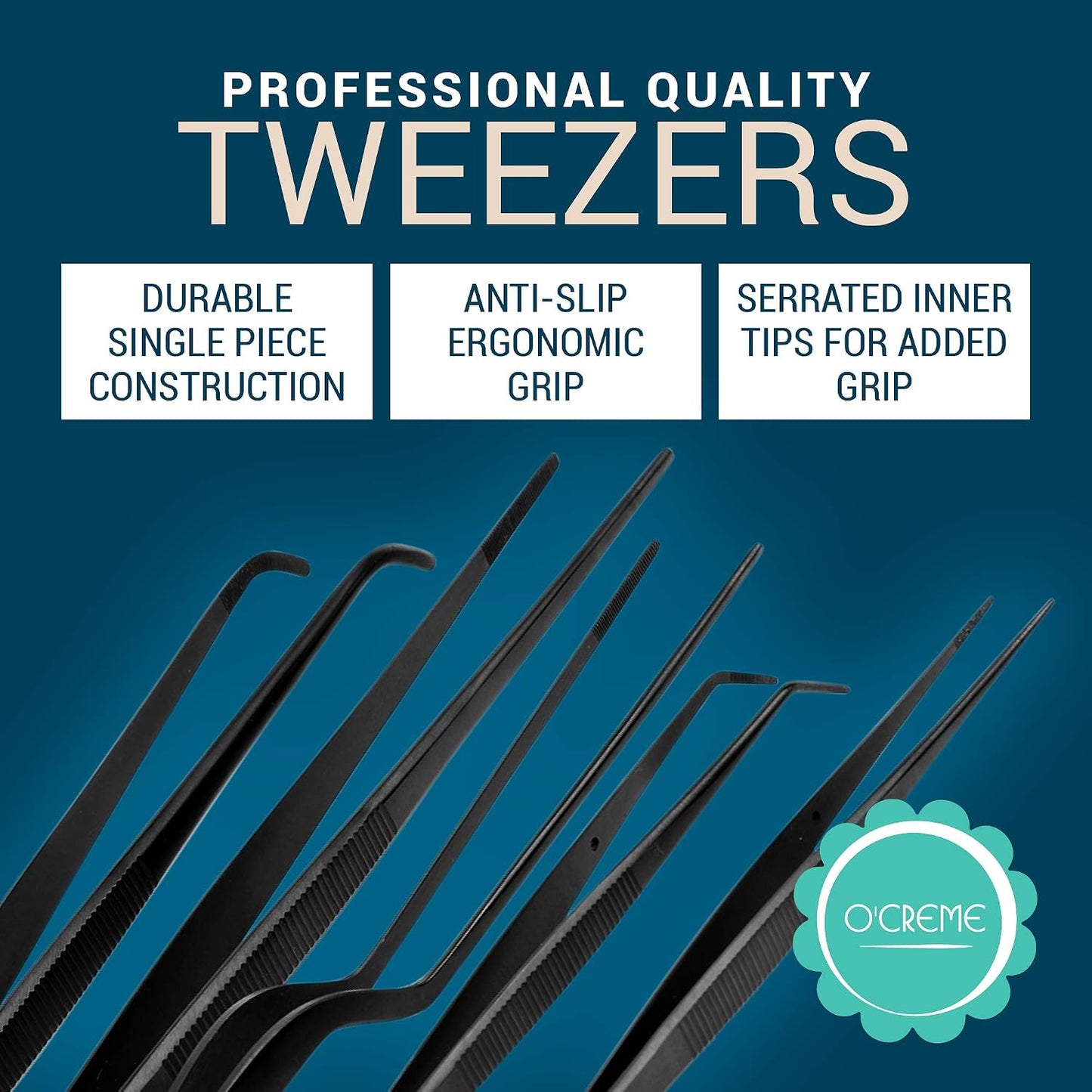 O'Creme Set of Culinary Tweezer Tongs Offset, Straight and Curved, Plus Super Sharp Chef Scissors, Total 6 Pieces (Rose Gold)